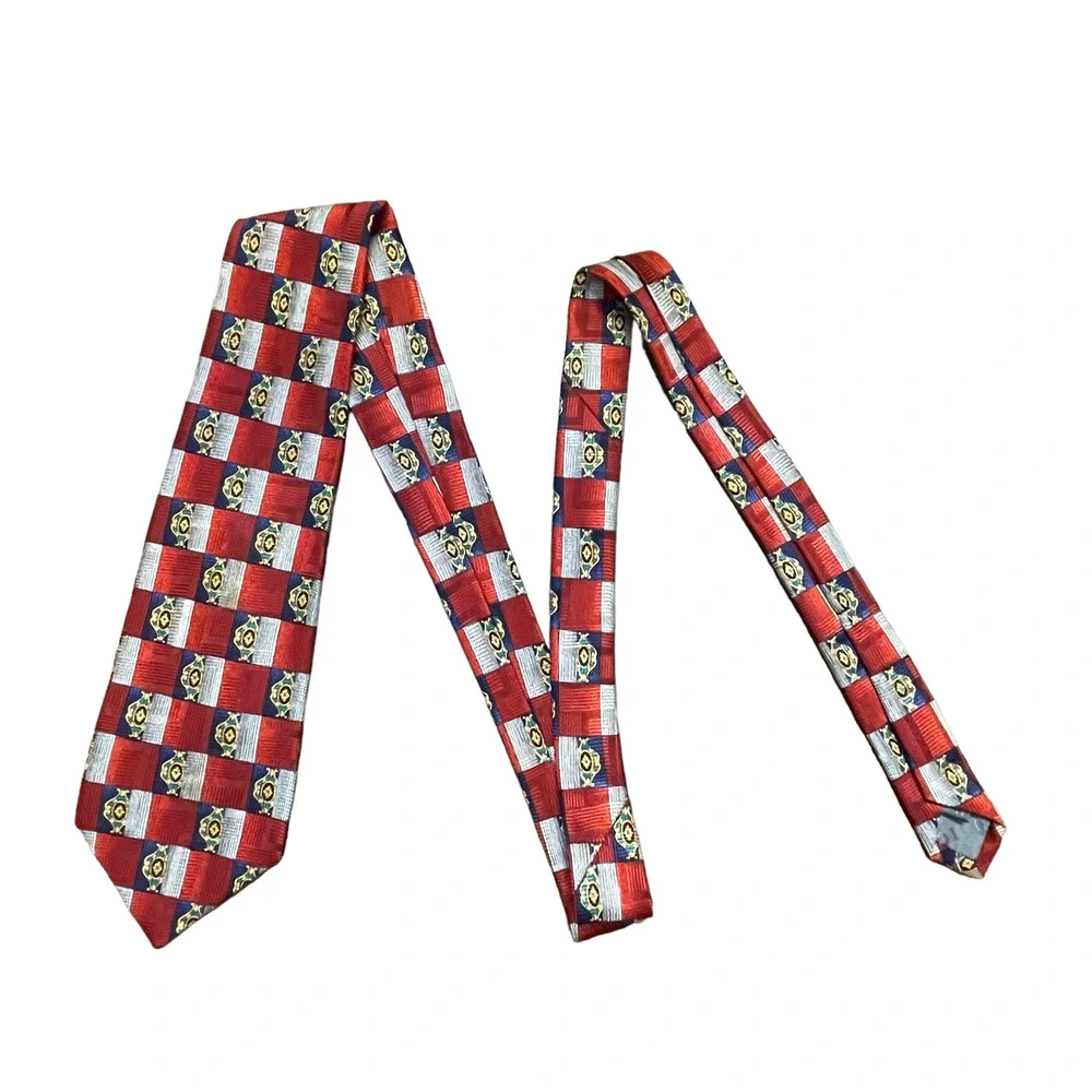 Robert Talbott Studio Mens Tie‎ Red Silver Blue Check Pattern 100% Silk 59